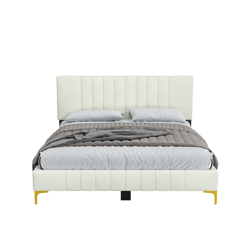 Dean Upholstered Velvet Queen Size Bed in Cream with Gold Metal Legs