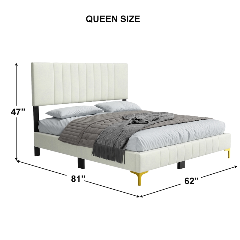 Dean Upholstered Velvet Queen Size Bed in Cream with Gold Metal Legs