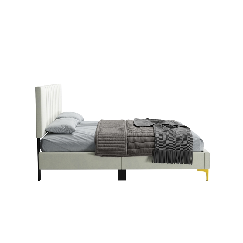 Dean Upholstered Velvet Queen Size Bed in Cream with Gold Metal Legs