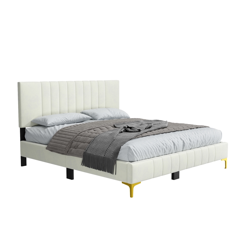 Dean Upholstered Velvet Queen Size Bed in Cream with Gold Metal Legs