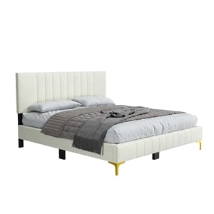 Dean Upholstered Velvet Queen Size Bed in Cream with Gold Metal Legs