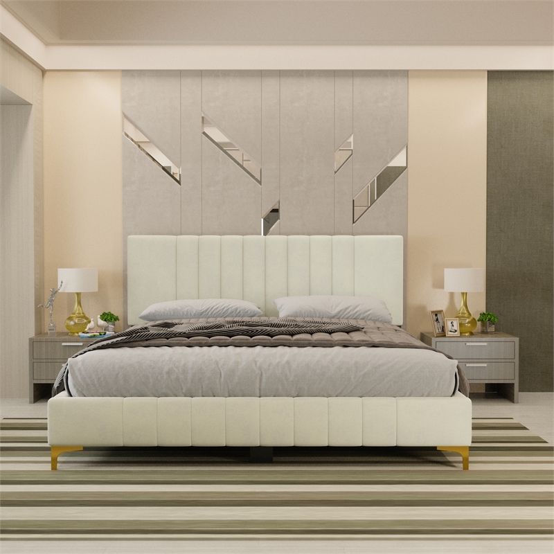 Dean Upholstered Velvet Queen Size Bed in Cream with Gold Metal Legs