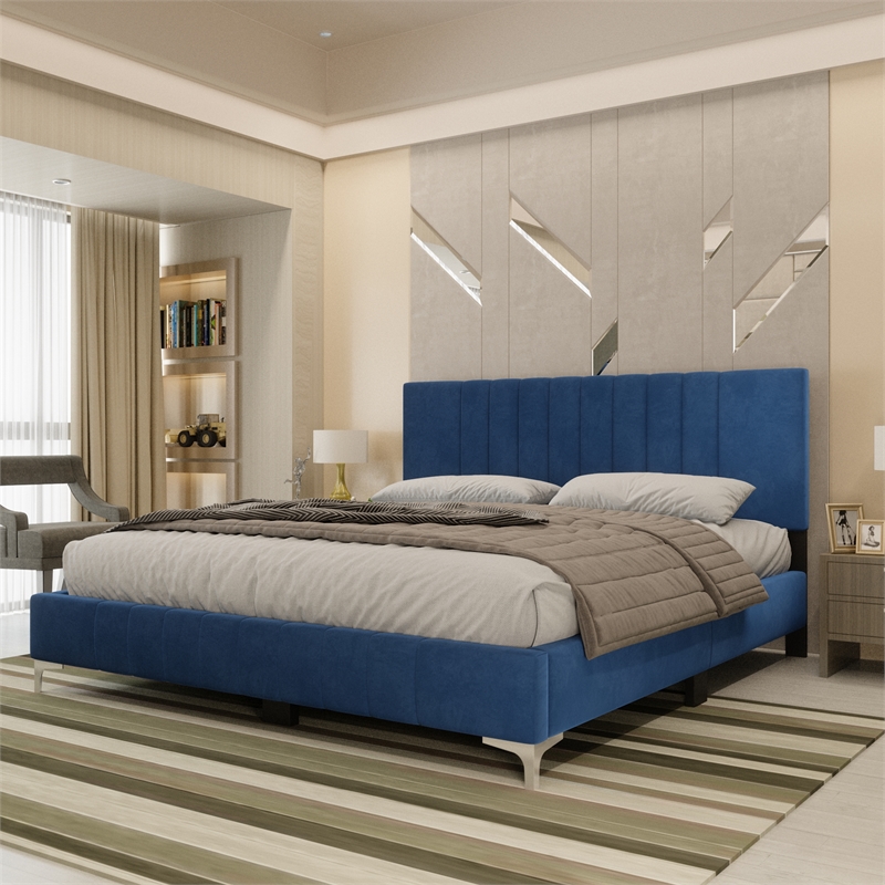 Dean Upholstered Velvet Full Size Bed in Blue with Silver Metal Legs