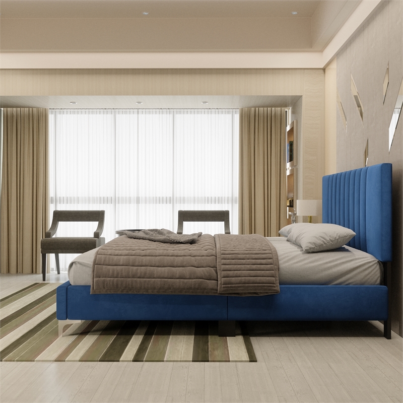 Dean Upholstered Velvet Full Size Bed in Blue with Silver Metal Legs