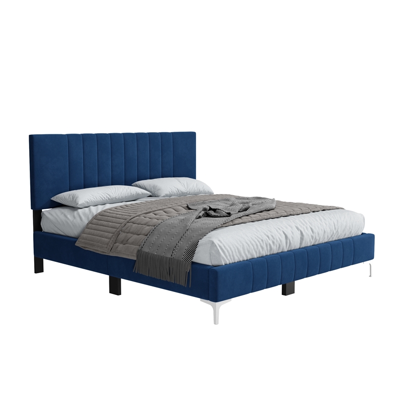 Dean Upholstered Velvet Full Size Bed in Blue with Silver Metal Legs