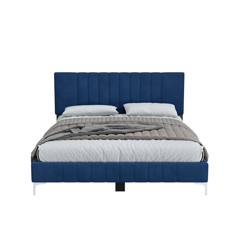 Dean Upholstered Velvet Queen Size Bed in Blue with Silver Metal Legs