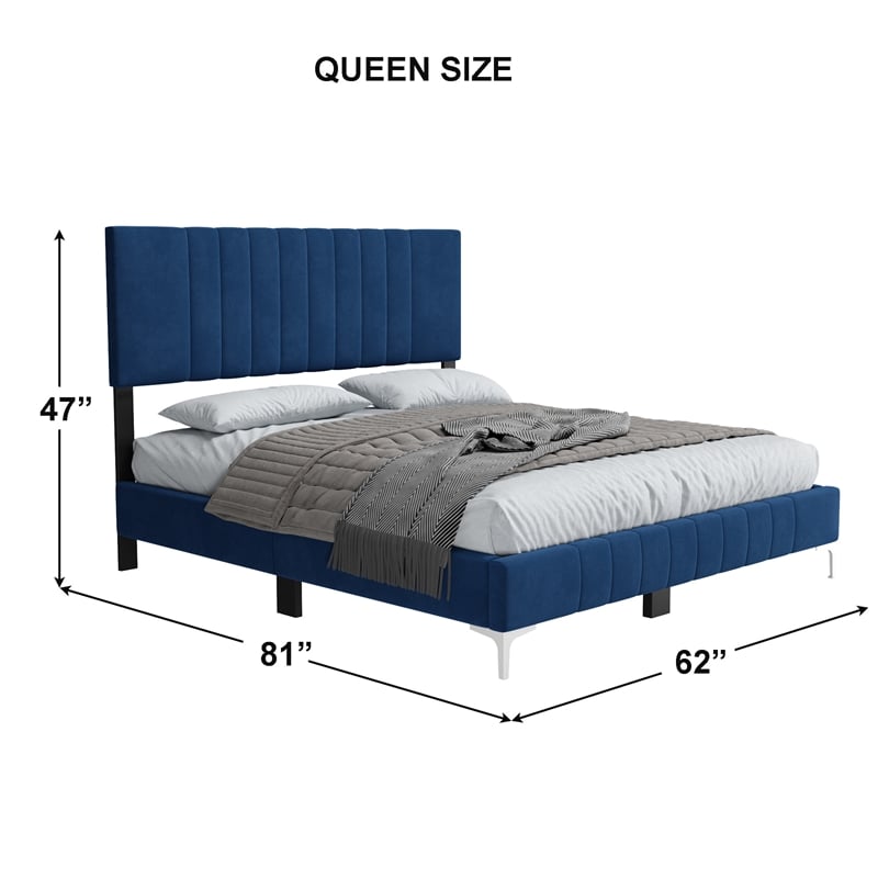 Dean Upholstered Velvet Queen Size Bed in Blue with Silver Metal Legs
