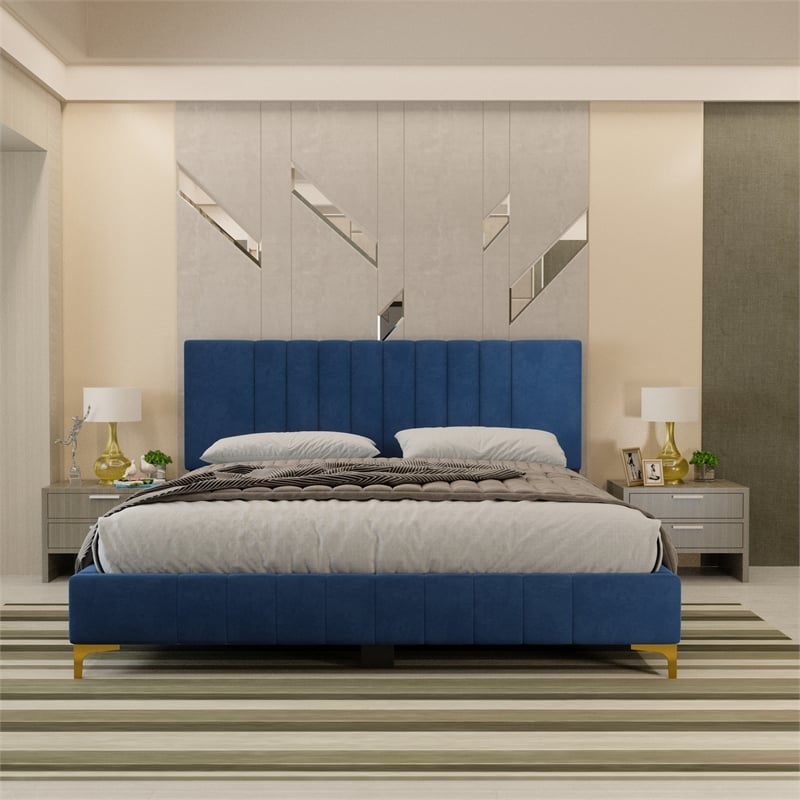 Dean Upholstered Velvet Full Size Bed in Blue with Gold Metal Legs