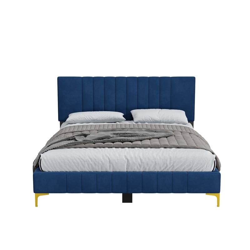 Dean Upholstered Velvet Full Size Bed in Blue with Gold Metal Legs