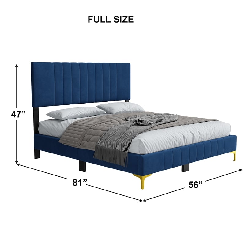 Dean Upholstered Velvet Full Size Bed in Blue with Gold Metal Legs