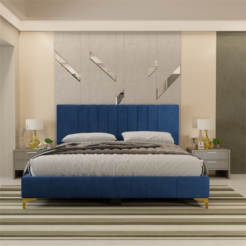 Dean Upholstered Velvet Queen Size Bed in Blue with Gold Metal Legs