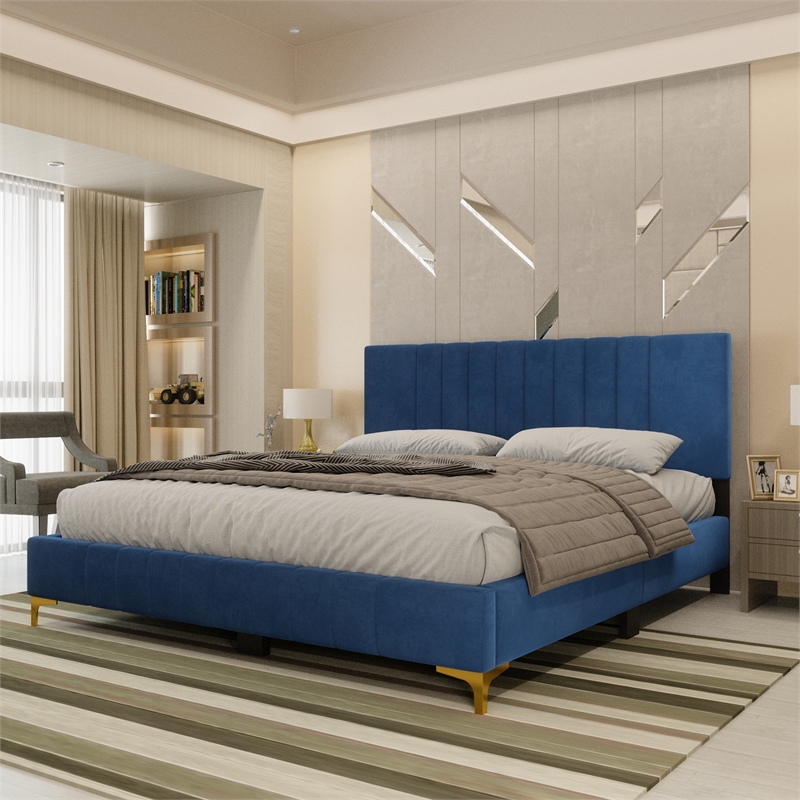 Dean Upholstered Velvet Queen Size Bed in Blue with Gold Metal Legs