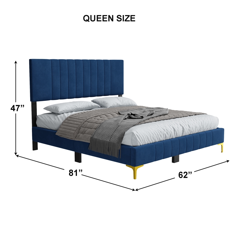 Dean Upholstered Velvet Queen Size Bed in Blue with Gold Metal Legs