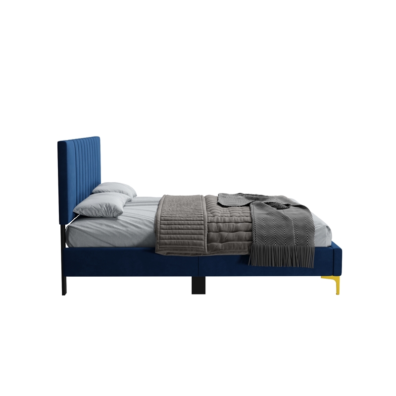 Dean Upholstered Velvet Queen Size Bed in Blue with Gold Metal Legs