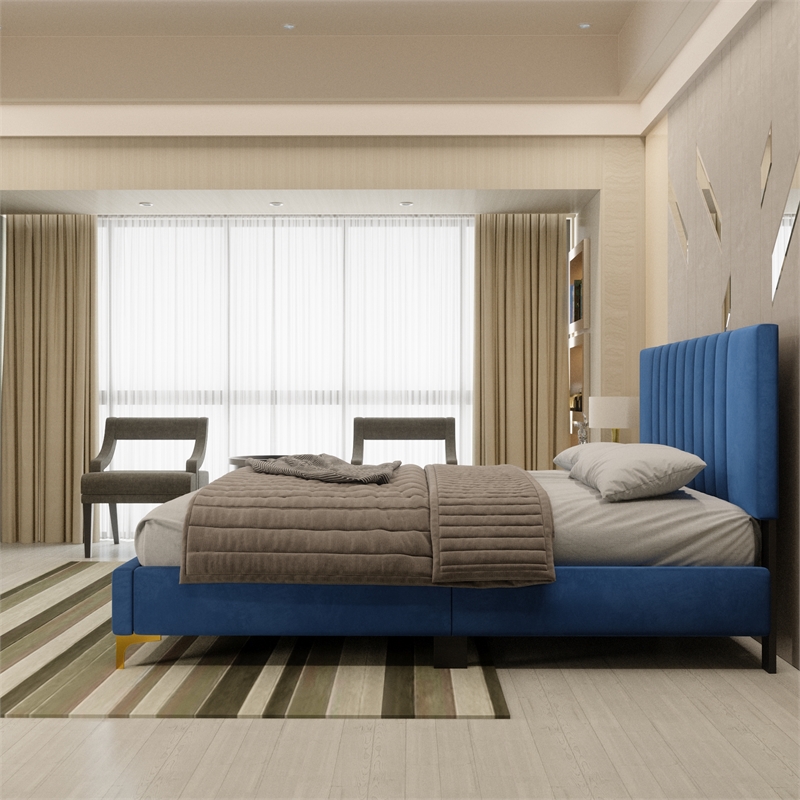 Dean Upholstered Velvet Queen Size Bed in Blue with Gold Metal Legs