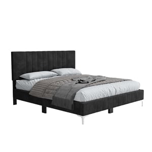 Dean Upholstered Velvet Queen Size Bed in Black with Silver Metal Legs