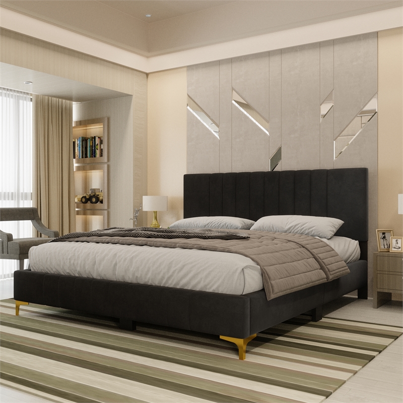 Dean Upholstered Velvet Full Size Bed in Black with Gold Metal Legs