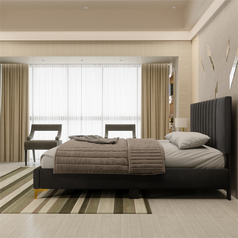 Dean Upholstered Velvet Full Size Bed in Black with Gold Metal Legs
