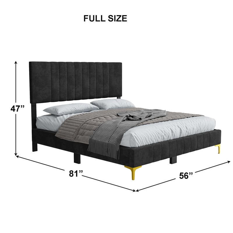 Dean Upholstered Velvet Full Size Bed in Black with Gold Metal Legs