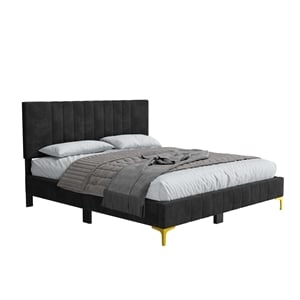 Dean Upholstered Velvet Full Size Bed in Black with Gold Metal Legs