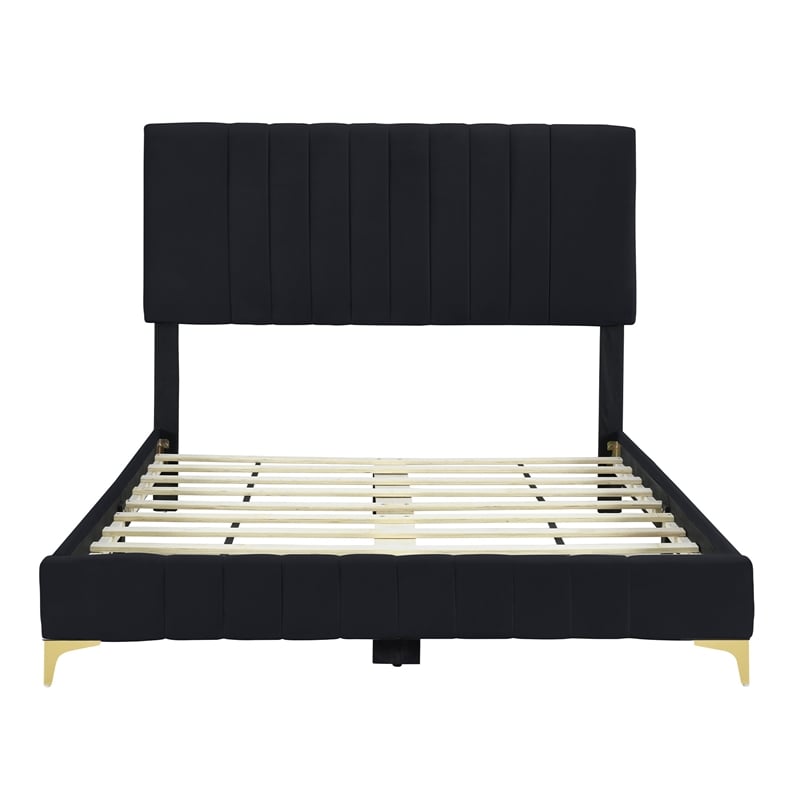 Dean Upholstered Velvet Full Size Bed in Black with Gold Metal Legs