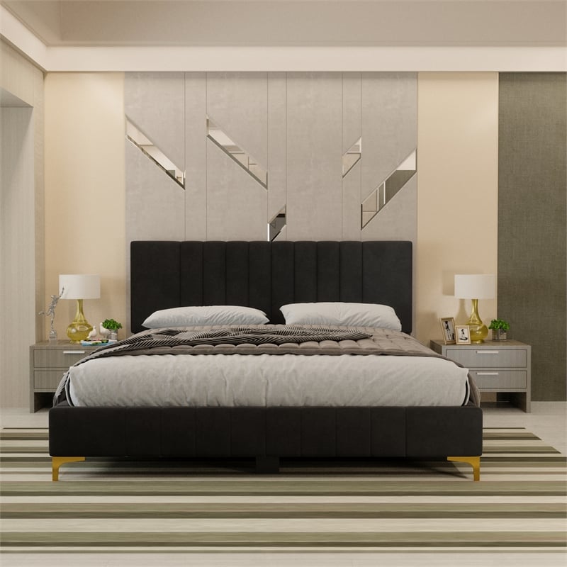 Dean Upholstered Velvet Full Size Bed in Black with Gold Metal Legs