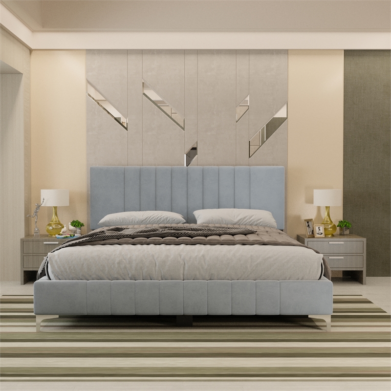 Dean Upholstered Velvet Full Size Bed in Gray with Silver Metal Legs