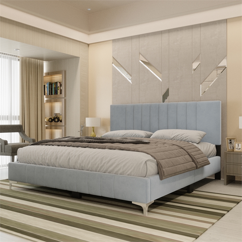 Dean Upholstered Velvet Full Size Bed in Gray with Silver Metal Legs