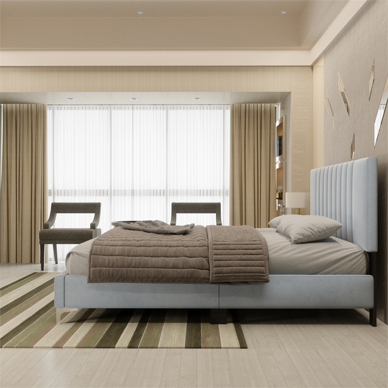 Dean Upholstered Velvet Full Size Bed in Gray with Silver Metal Legs