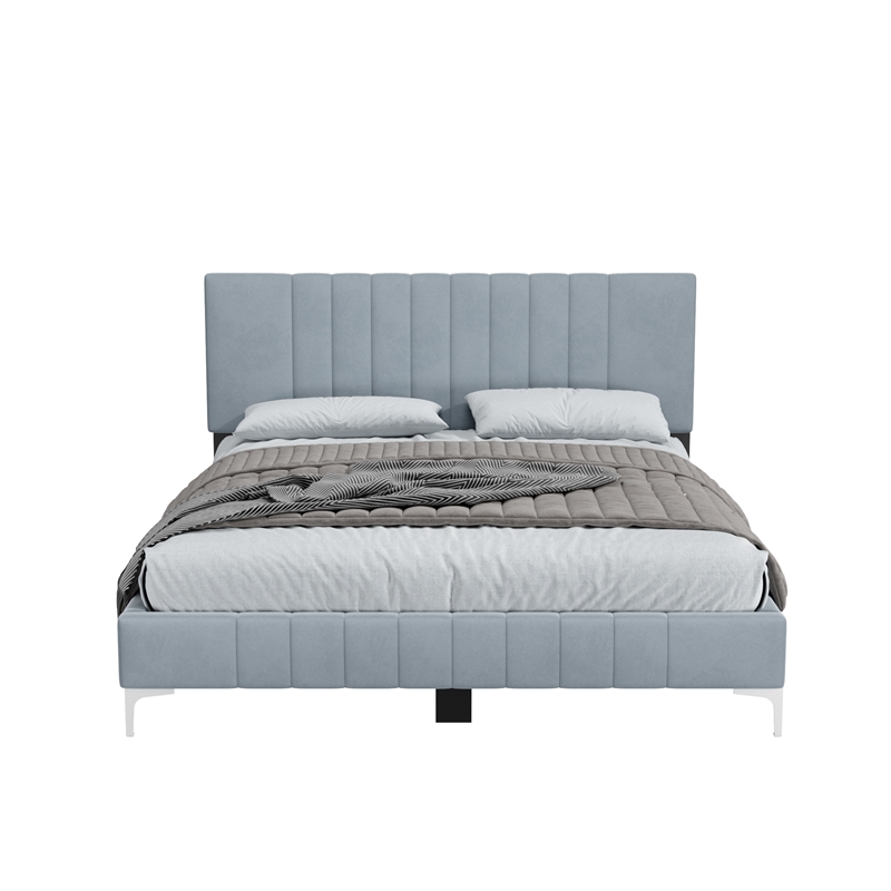 Dean Upholstered Velvet Full Size Bed in Gray with Silver Metal Legs