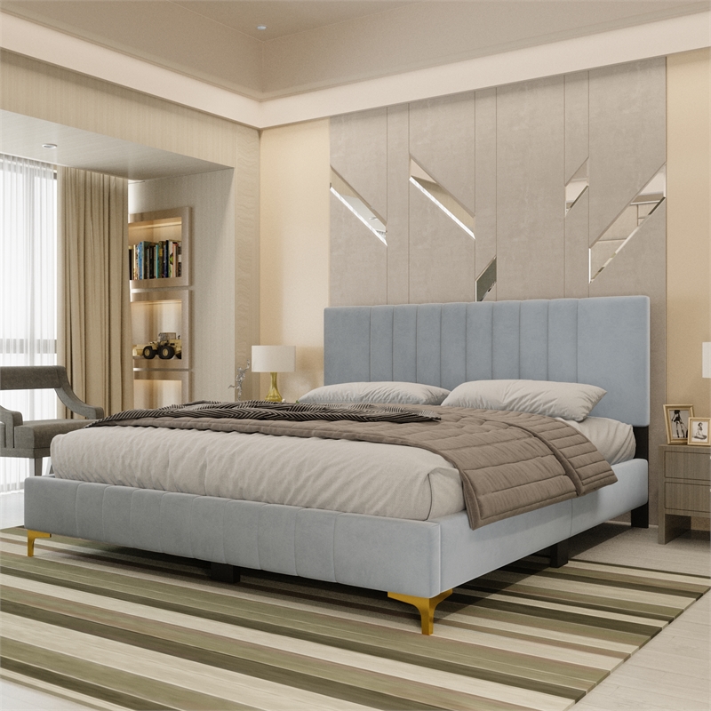 Dean Upholstered Velvet Full Size Bed in Gray with Gold Metal Legs