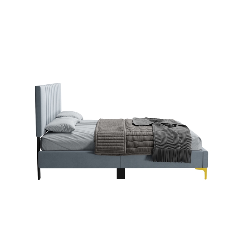 Dean Upholstered Velvet Queen Size Bed in Gray with Gold Metal Legs