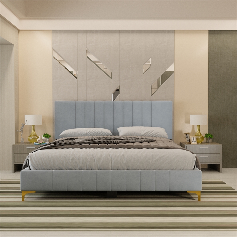 Dean Upholstered Velvet Queen Size Bed in Gray with Gold Metal Legs