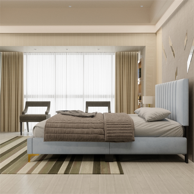 Dean Upholstered Velvet Queen Size Bed in Gray with Gold Metal Legs