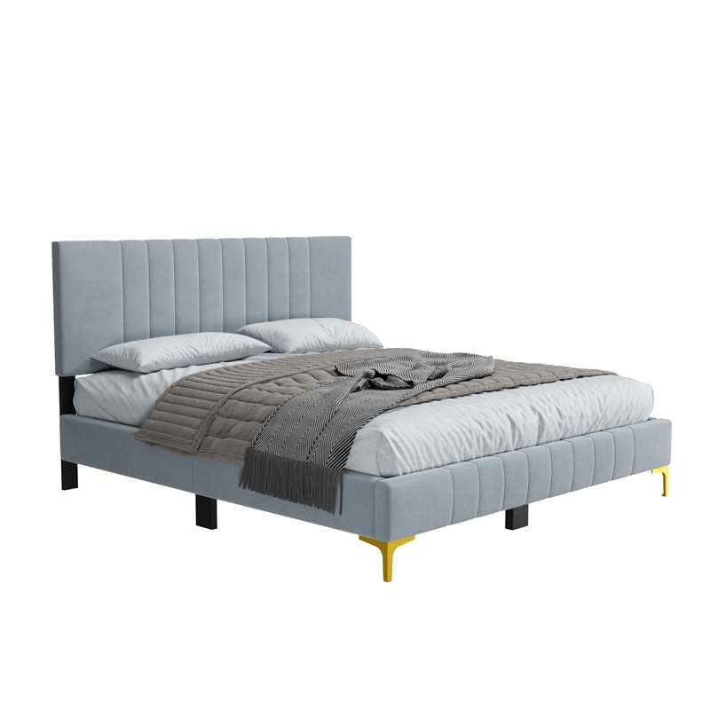 Dean Upholstered Velvet Queen Size Bed in Gray with Gold Metal Legs