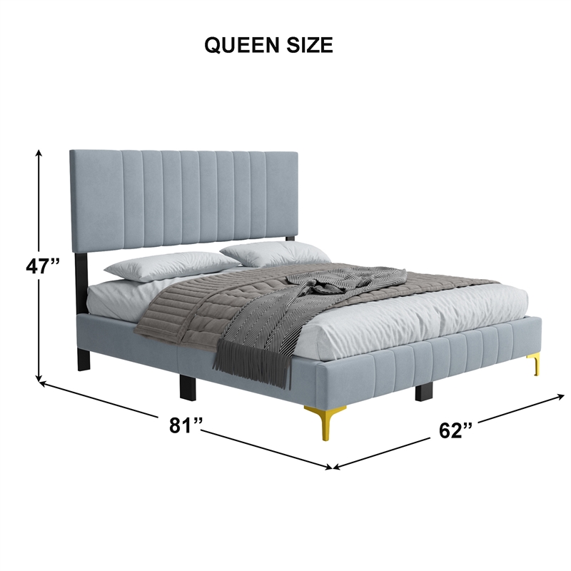 Dean Upholstered Velvet Queen Size Bed in Gray with Gold Metal Legs