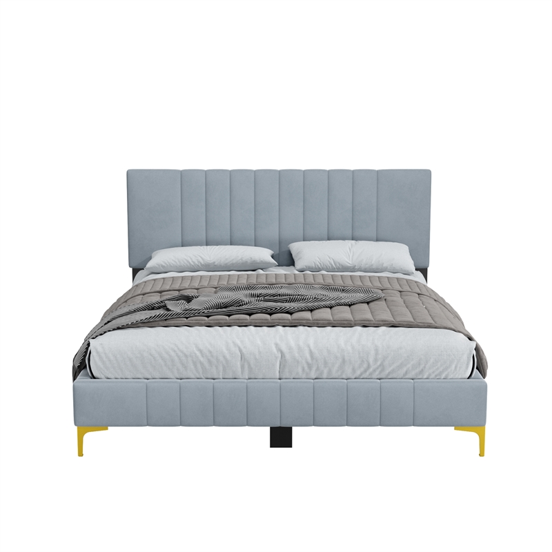 Dean Upholstered Velvet Queen Size Bed in Gray with Gold Metal Legs