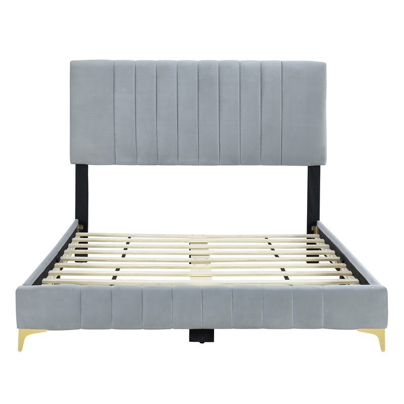 Dean Upholstered Velvet Queen Size Bed in Gray with Gold Metal Legs