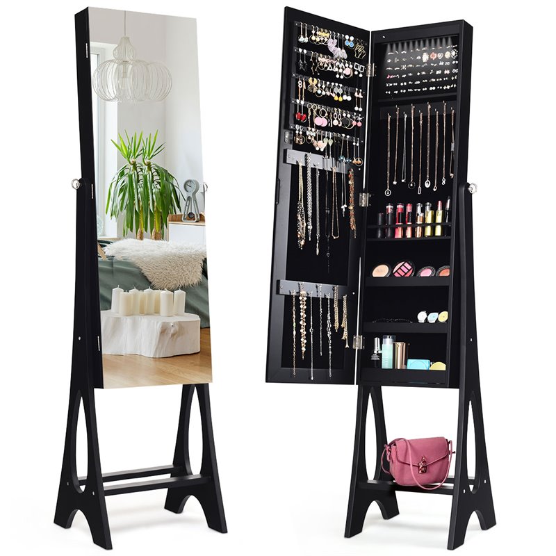 Costway Contemporary MDF and Glass Jewelry Cabinet in Black/Clear