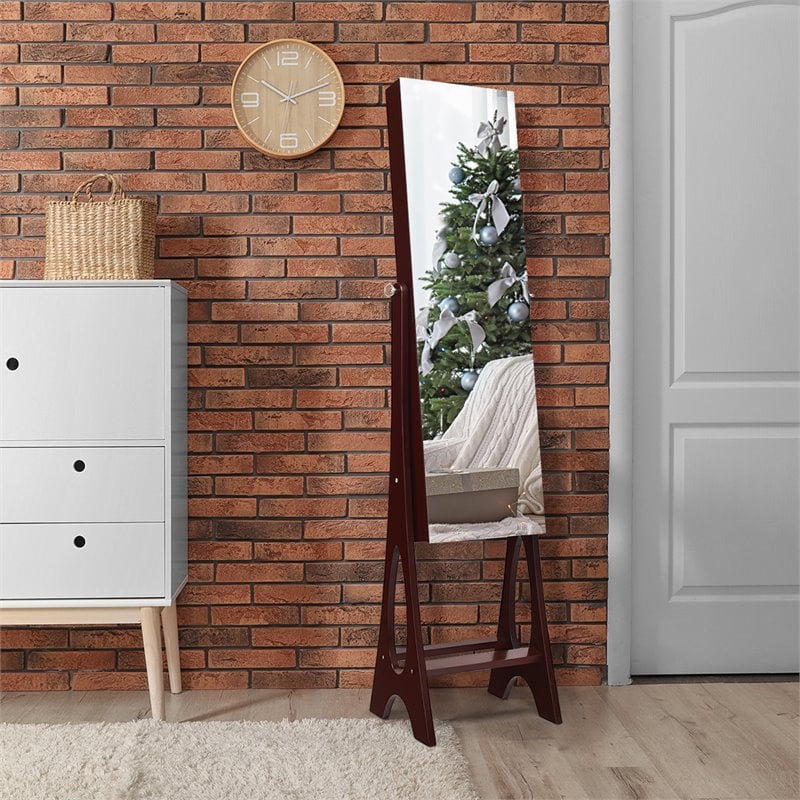 Costway Contemporary MDF and Glass Jewelry Cabinet in Reddish Brown