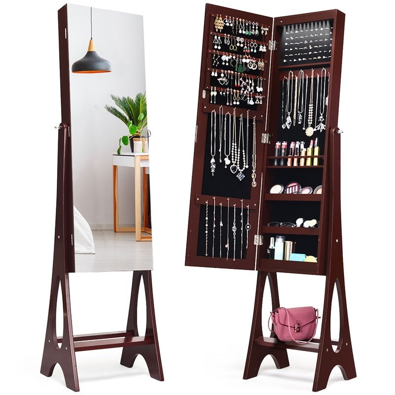 Costway Contemporary MDF and Glass Jewelry Cabinet in Reddish Brown