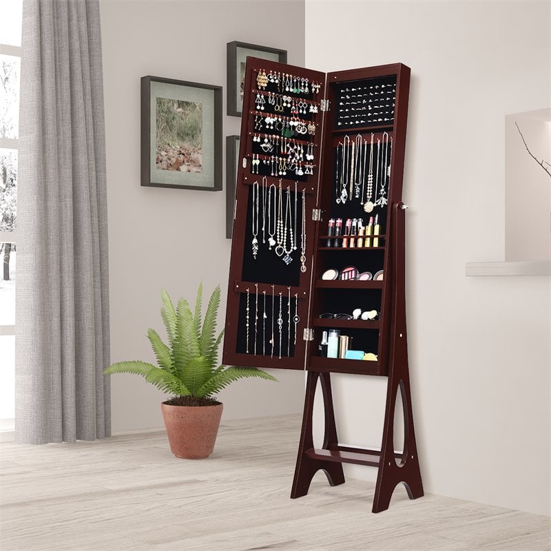 Costway Contemporary MDF and Glass Jewelry Cabinet in Reddish Brown