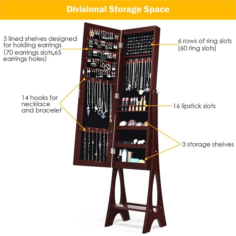 Costway Contemporary MDF and Glass Jewelry Cabinet in Reddish Brown