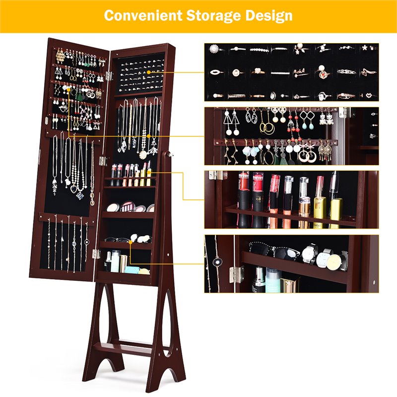 Costway Contemporary MDF and Glass Jewelry Cabinet in Reddish Brown