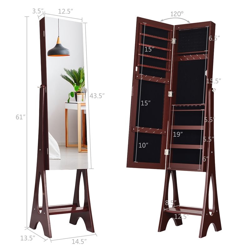 Costway Contemporary MDF and Glass Jewelry Cabinet in Reddish Brown
