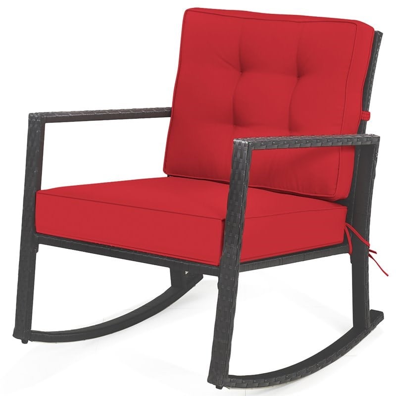 Costway 2 Pieces Rattan Outdoor Patio Rocking Chair with Cushion in Red