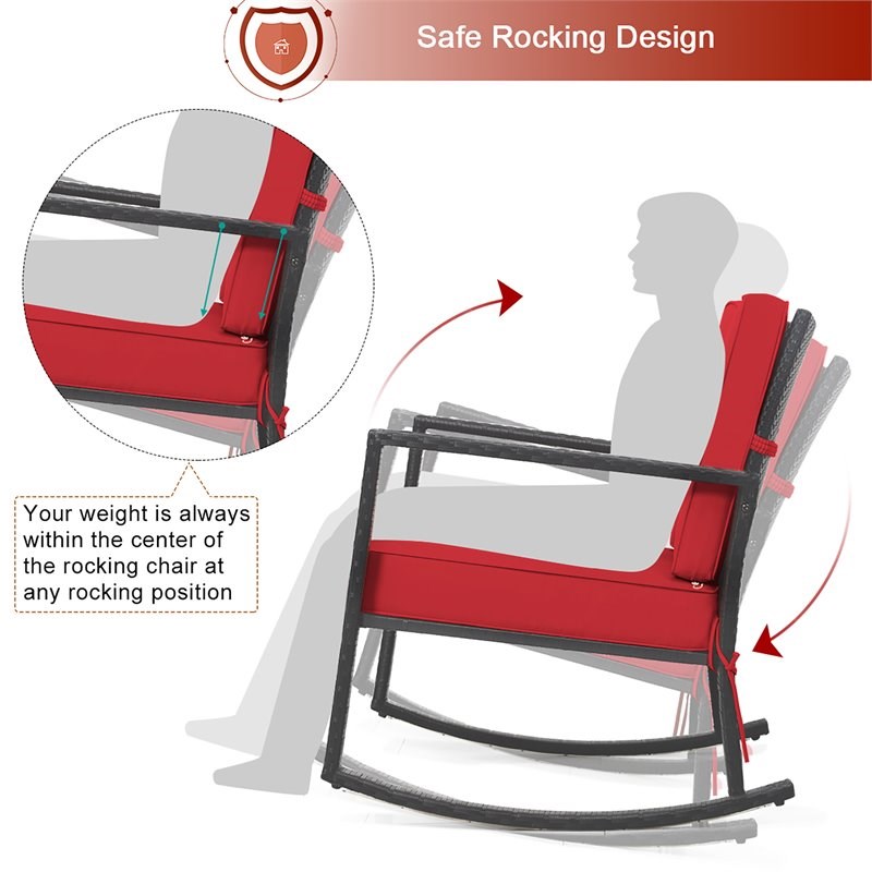 Costway 2 Pieces Rattan Outdoor Patio Rocking Chair with Cushion in Red