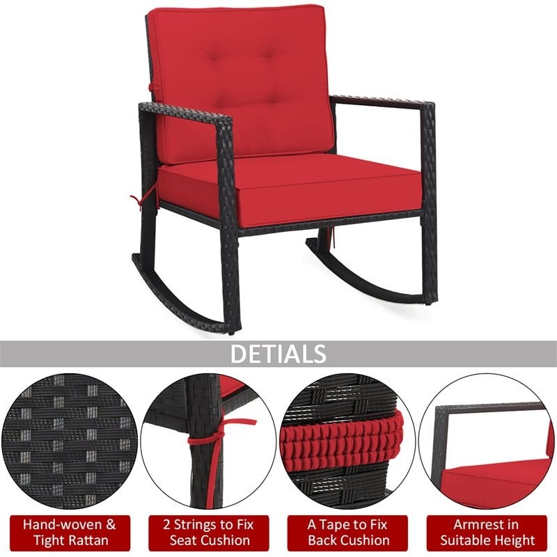 Costway 2 Pieces Rattan Outdoor Patio Rocking Chair with Cushion in Red
