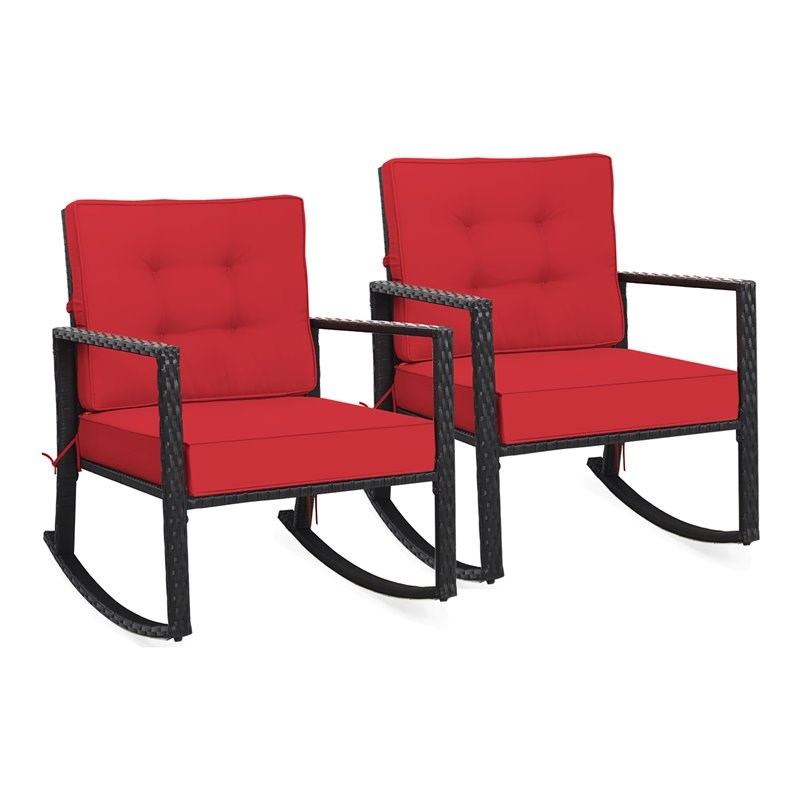 Costway 2 Pieces Rattan Outdoor Patio Rocking Chair with Cushion in Red