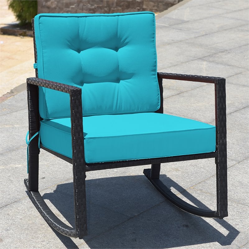 Costway 2 Pieces Rattan Outdoor Patio Rocking Chair with Cushion in Turquoise